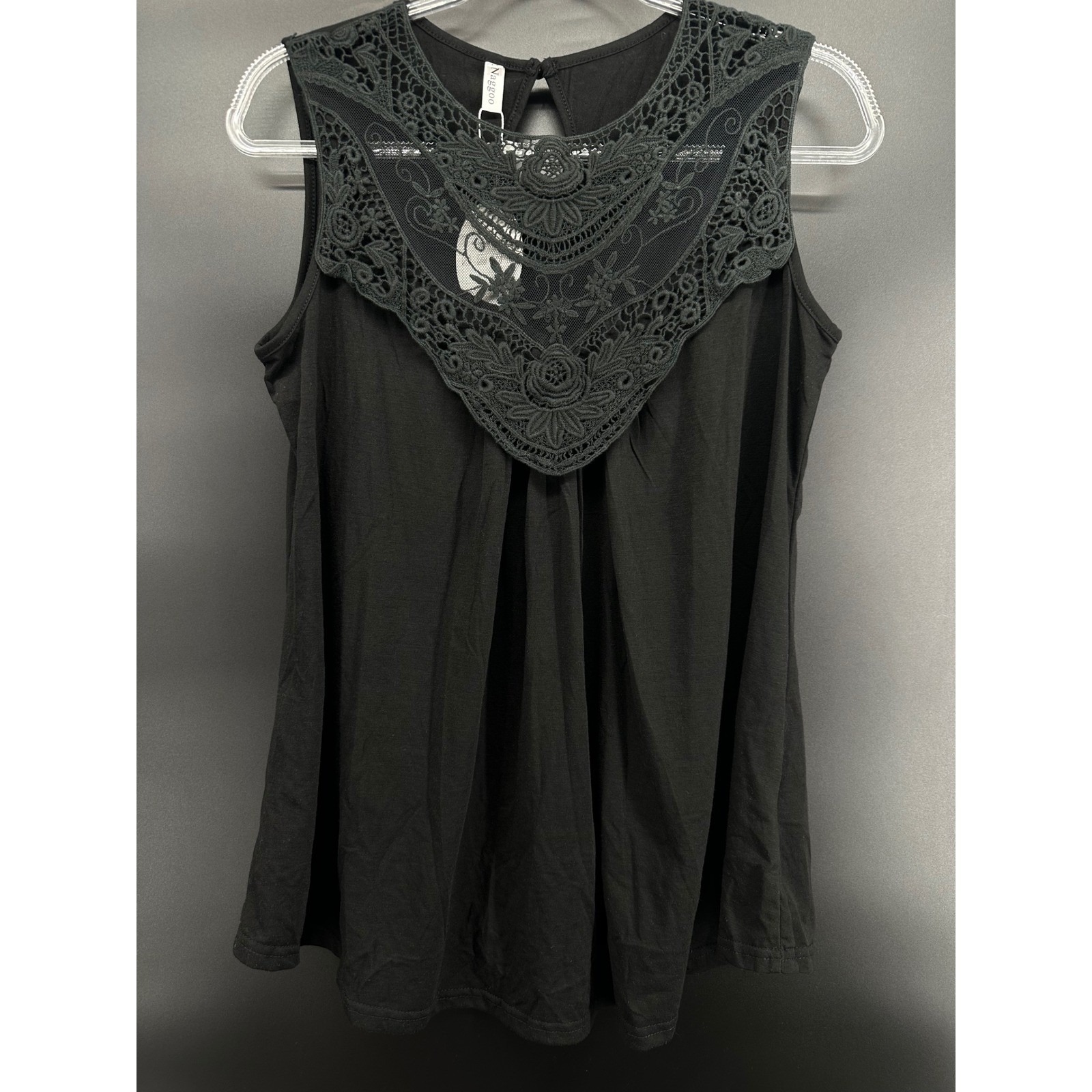 Boho Lace Yoke Tank Top Black Sleeveless Flowy Top Sz L Stretch Crochet Detail